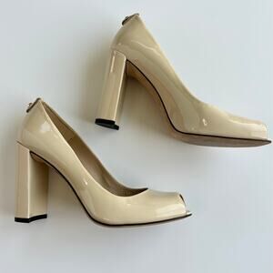 Stuart Weitzman Spritely Pasani Patent Peep Toe Heels Nude 8.5
